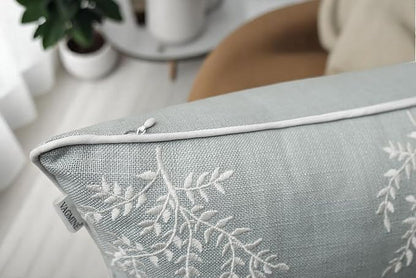 VAGMINE Embroidered Leaves Throw Pillow Cover - 18x18 Inches Square - 100% Cotton Robins Egg Decorative Cushion Cover - Coastal Inspired Leaf Stitch - Stylish Home Accent for Sofa, Couch, Bedroom