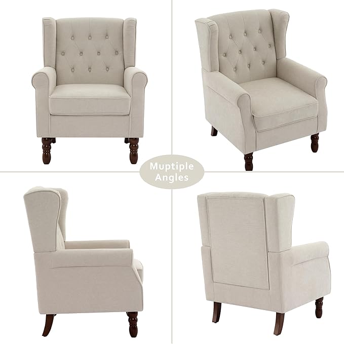 Lumibee High Back Accent Chair Set of 2,Upholstered Wingback Armchair with Solid Wood Legs for Small Spaces,Comfy Single Sofa Chair for Living Room,Bedroom,Office-Beige