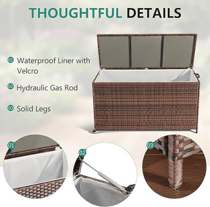 HOMREST Large Deck Box, Outdoor Wicker Storage Container with 70 Gallon, Patio Rattan Furniture for Garden Tools, Pillows, Pool, Brown