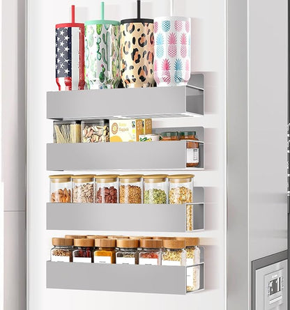 Magnetic Spice Rack Organizer for Fridge Seasoning Organizer for Kitchen Storage With Screw Magnetic Shelf for Oven, RV,Garage,Bathroom (Grey, 4pack)