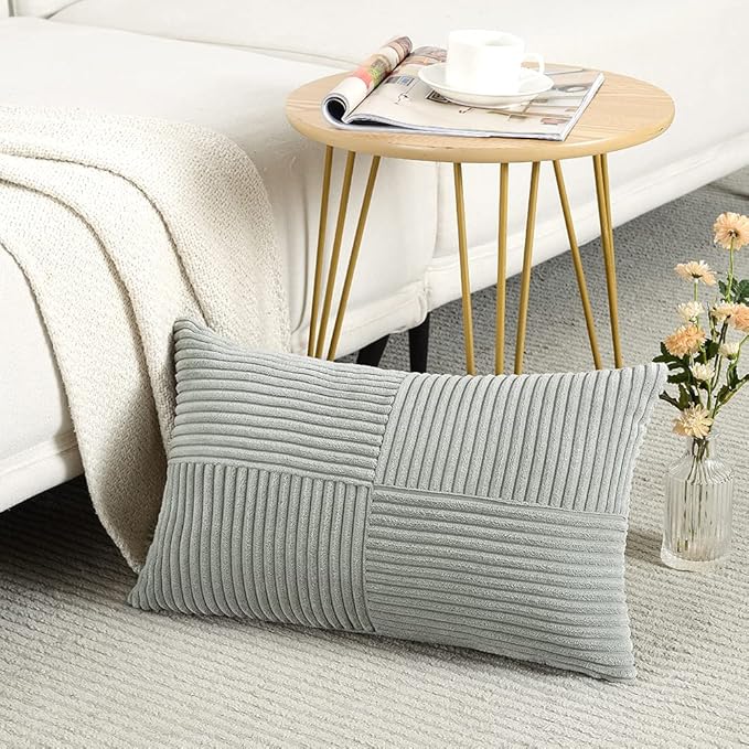 Fancy Homi 2 Packs Grey Long Lumbar Decorative Throw Pillow Covers 16x24 Inch for Couch Bed Sofa, Rustic Farmhouse Boho Home Decor, Soft Striped Corduroy Rectangle Accent Cushion Case 40x60 cm