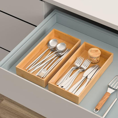 Silverware Tray for Drawer, Stackable Kitchen Bamboo Drawer Organizer 12" x 6" x 2" Set of 2