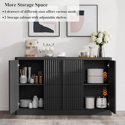 Buffet Cabinet with Storage, 120" Fluted Coffee Bar with 8 Drawers & 4 Doors, Modern Sideboard Buffet with Solid Wood Handle, Credenza Storage Cabinet for Living Room Kitchen Dining Room, Black(2PCS)