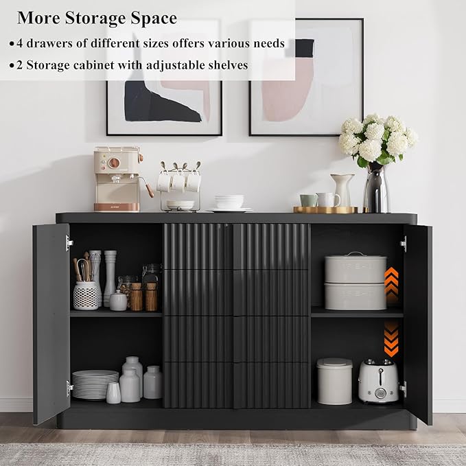 Buffet Cabinet with Storage, 60" Fluted Coffee Bar with 4 Drawers & 2 Doors, Modern Sideboard Buffet with Solid Wood Handle, Credenza Storage Cabinet for Living Room Kitchen Dining Room, Black(1PCS)