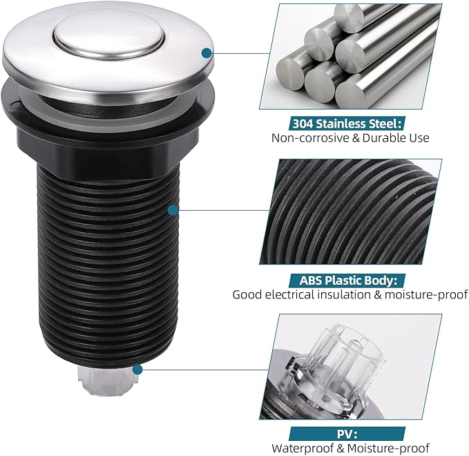 RQYEKDO Garbage Disposal Air Switch Kitchen Sink Top Long Stainless Steel Brushed Nickel Long 2.5" for Food and Waste Disposal On/Off Air Button Parts Black…
