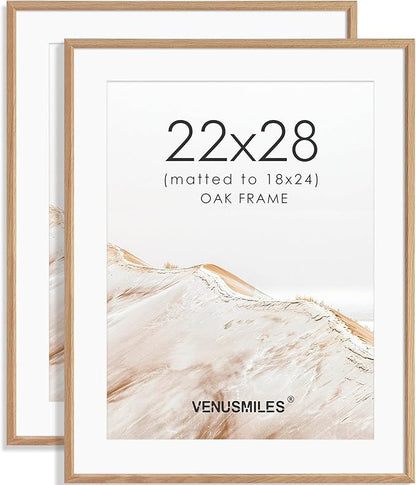 22x28 Poster Frame Set of 2 Natural Solid Oak Photo Frames with 18x24 Removable Mat Wall Hanging Large Handcrafted Frame with HD Plexiglass Wall and Tabletop Display Large Picture Frame