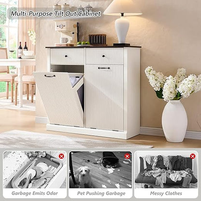Modern Double Tilt-Out Trash Cabinet, 20 Gallon Fluted Laundry Hamper Cabinet w/2 Drawers, Wooden Hidden Garbage Can Cabinets with Storage Basket,Free Standing for Kitchen & Living Room, White