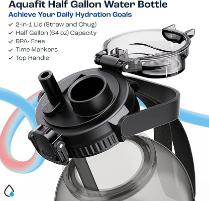 AQUAFIT 64 oz Water Bottle with Time Marker - 2in1 Straw & Chug Lid - BPA Free Big Water Bottle with Straw - Gym Water Bottle with Strap - Water Jug (64 Ounces, Midnight Gray)