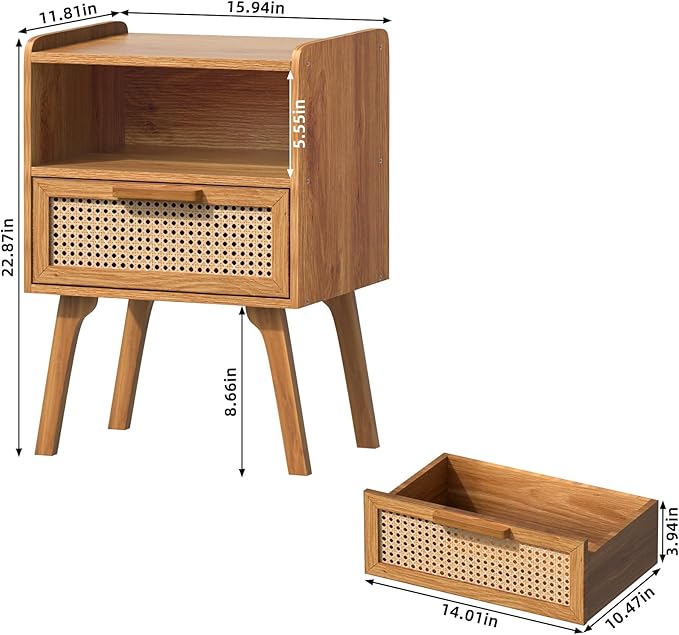 Lerliuo Rattan Nightstand, Side Table with Drawer Open Shelf, Cane Accent Bedside End Table with Solid Wood Legs, Mid Century Modern Night Stand for Bedroom, Dorm and Small Spaces (Tea Brown)