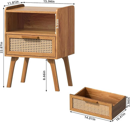 Lerliuo Rattan Nightstand, Side Table with Drawer Open Shelf, Cane Accent Bedside End Table with Solid Wood Legs, Mid Century Modern Night Stand for Bedroom, Dorm and Small Spaces (Tea Brown)