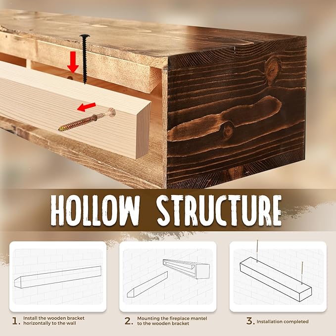 48x8x5 Fireplace Mantel - Handcrafted Hollow Rustic Solid Wood Wall Mounted Floating Shelf with Invisible Heavy Duty Wood Bracket (Weathered Brown)