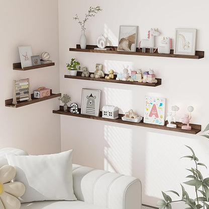 Heimlove Picture Ledge Shelf, Floating Shelves Set of 2, 48 Inches Picture Shelf for Wall with Ledge, Kids Bookshelf Wall Mounted for Living Room Bedroom Decor Books Photo Frames, Walnut