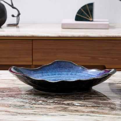 Ceramic Decorative Dish, Large Blue Pottery Decorative Bowl, Porcelain Centerpiece Tray, Key Bowl, Gift Decor Tray for Tabletop Entryway Table Living Room Dining(12'' Dish)