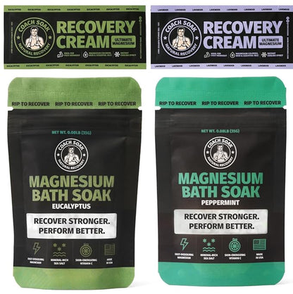 Coach Soak Magnesium Flakes & Lotion Trial Pack - Soothing Menthol Lotion & Bath Soak - 0.18 Lb Sachets - Lavender, Eucalyptus & Peppermint Scents