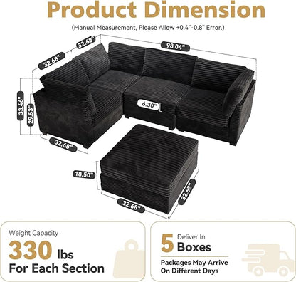 Modular Sectional Sofa with Chaise U Shaped Sectional Couch for Living Room, 5-Seater Comfy Cloud Couches with One Movable Ottoman, Plush Corduroy, Black