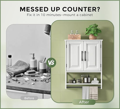 Bathroom Cabinet Wall Mounted, White Bathroom Wall Cabinets with Towel Bar and 2 Doors, Wooden Medicine Cabinet with Adjustable Shelf, Open Storage