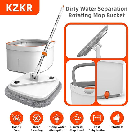 KZKR Spin Mop and Bucket Set with Self Separation Dirty and Clean Water System, Self Wringing 360° Rotating Square Mop Head for Home Floors Cleaning (1.0 Mop and Bucket Set (6 Pads))