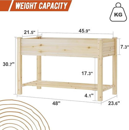 GHWIE Raised Garden Bed with Shelf,Elevated Wooden Planter Box with Legs,Garden Planter for Backyard, Patio, Balcony,200lb Capacity - Natural