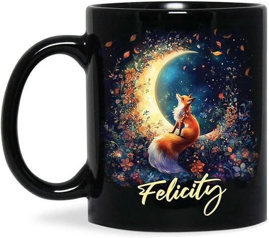Personalized Name Ceramic Mug, Enchanted Forest Themed Decorative Cup, Custom Cute Fox With Crescent Moon Mug, Customized Floral Fox Coffee Cup 11oz 15oz, Animal Black Mug For Kids