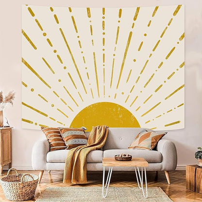Kanuyee Gold Boho Burning Sun Tapestry Wall Hanging, Retro 70s Abstract Vintage Geometric Line Sunrise Tapestries for Bedroom Living Room Backdrop 36×48 inch