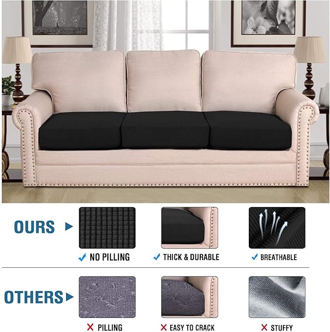 H.VERSAILTEX Super Stretch Individual Seat Sofa Covers Couch Slipcover Sets Thick Jacquard Textured Twill Fabric (3 Piece XL Cushion Covers, Black)