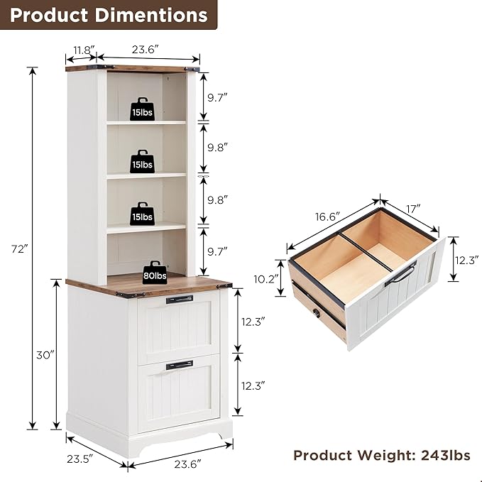 RedLemon Bookcase with 2 File Drawers, 72" Tall Farmhouse Bookshelf with Storage and Adjustable Shelves, 4 Tier Rustic Wood Bookshelf with Cabinet for Home Office, Living Room (Antique White)