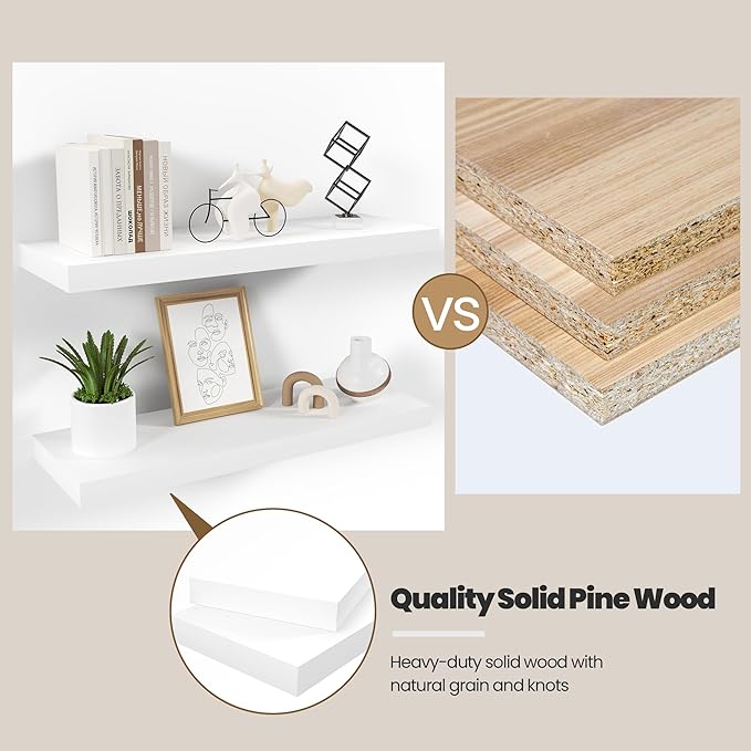 Floating Wood Shelves for Wall 16 Inches x 8”x 1.4” Shelf Floating Home Decor, Heavy Duty Shelf Hold 35 lbs, Wall Shelves for Bathroom Living Room Kitchen Bedroom Office - Set of 2 White
