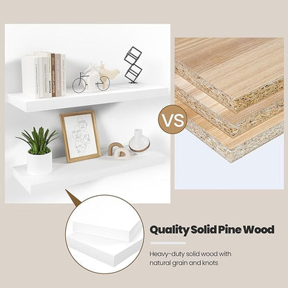 Floating Wood Shelves for Wall 16 Inches x 8”x 1.4” Shelf Floating Home Decor, Heavy Duty Shelf Hold 35 lbs, Wall Shelves for Bathroom Living Room Kitchen Bedroom Office - Set of 2 White
