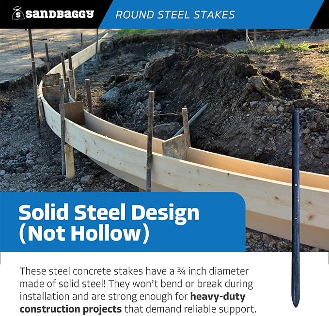 Sandbaggy Round Steel Concrete Form Stakes with Nail Holes - Rust Resistant Coating - Removable, Reusable (200, 3/4 in X 18 in)
