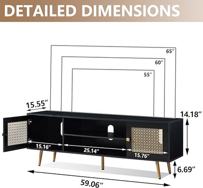 Mid Century Modern TV Stand for 65 inch TV, Entertainment Center with Storage, Metal Mesh Decorated Cabinet Doors for Living Room, Black