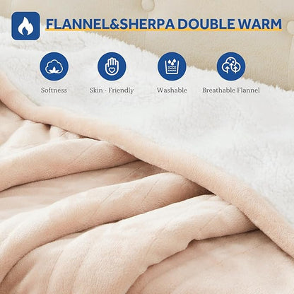 Sealy Electric Blanket Twin Size 62"*84",Super Cozy Flannel to Sherpa Reversible Heated Twin Blanket with 10 Heating Levels & 1-12 Hours Auto Off Overheating Protection Machine Washable, Beige