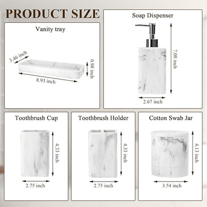 Bathroom Accessories Set, 6 Piece Bathroom Set with Toothbrush Holders, Soap Dispenser, Vanity Tray, Tumbler, Cotton Swab Jars, Bathroom Organizer，Bathroom Sink Sets, Artificial Marble White