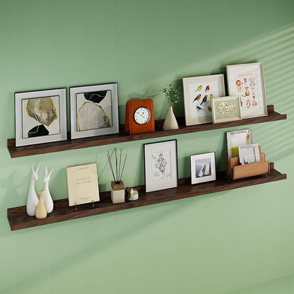 Floating Picture Ledge Shelves 72 Inch Solid Oak Wood Set of 2, Rustic Wall Storage Shelves with Lip, Kids Bookshelf, Photo & Picture Ledge Shelves for Bedroom, Living Room, Kitchen