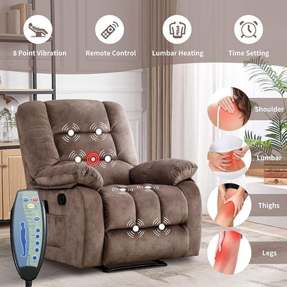 Massage Recliner Chair with Heat and Massage, Soft Fabric Ergonomic Manual Reclining Chairs, Heavy Duty Reclining Sofa Chair with Side Pockets for Living Room (Tan)