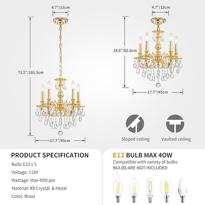 French K9 Crystal Maria Theresa Chandeliers, Luxury Vintage Pendant Light Fixture for Dining Room, Living Room, D17.7*H25~72 inch (Adjustable), Clear Crystal & Brass Finish Frame