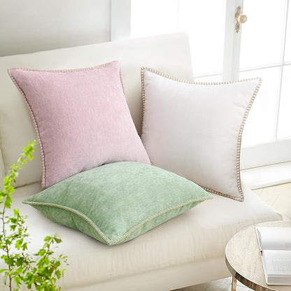 decorUhome Chenille Soft Throw Pillow Covers 20x20 Set of 2, Farmhouse Velvet Neutral Decorative Euro Pillow Covers with Stitched Edge for Couch Sofa Bed Home Decor, Blush Pink
