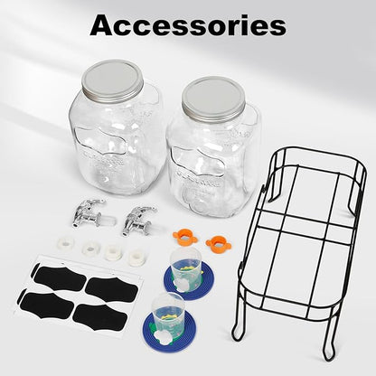 2-Pack 1 Gallon Glass Laundry Detergent Dispenser Set with Bamboo Lids and Stand - Liquid Soap and Fabric Softener Dispensers with Spigots, Cups, Labels and Mats, Laundry Room Organization and Storage