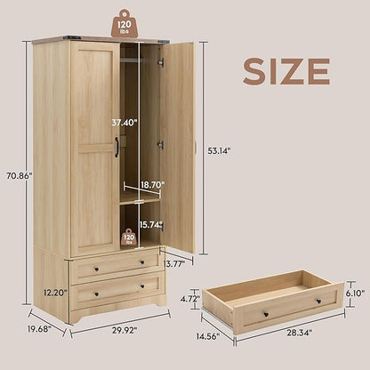 Brafab Armoire Wardrobe Closet with 2 Modern Doors Set of 2, 71" Tall Freestanding Closet Wardrobe Cabinet with Drawers and Hanging Rail, Wooden Storage Cabinet with Shelve for Bedroom,Natural