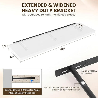 48" Floating Shelves for Wall, 12" Deep Slim White Floating Shelves, Wall-Mounted Shelves for Bedroom, Living Room, Kitchen, Bathroom - Set of 2