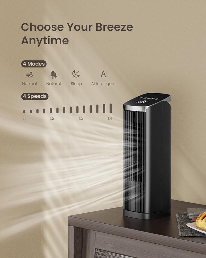 Fan for Bedroom, 13" Tower Fan with Remote, 4 Modes 4 Speeds Max 24ft/s, 70° Oscillating Desk Fan, 12H Timer Portable Fans, Cooling Fans for Office, Home