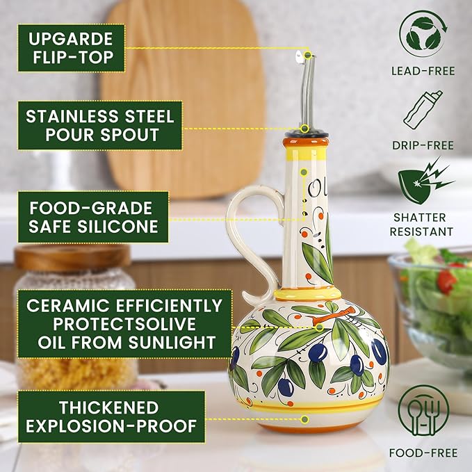18 oz Ceramic Olive Oil Dispenser Bottle for Kitchen, Large Capacity Oli and Vinegar Cruet with Stainless Steel Spout, 540 ml Oil Container with Handle for Cooking Preventing, Vinegar Cruet