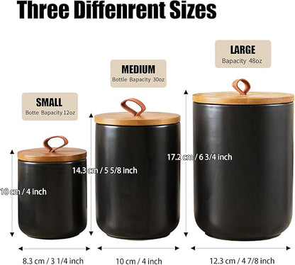 Black Canister Sets for Kitchen, 3pcs Ceramic Canisters with Airtight Wooden Lid, Food Storage Jar, Large Kitchen Storage Containers for Serving Coffee Beans, Tea, Sugar, Salt, Spices