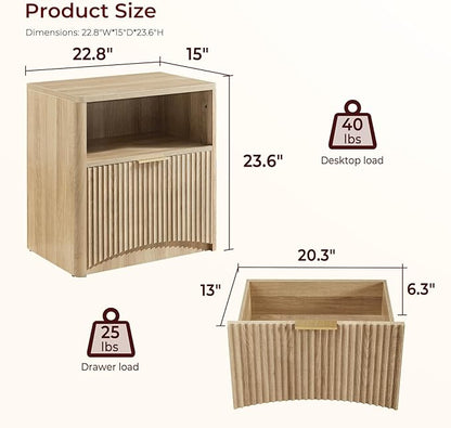 Fluted Nightstand Set of 2, Natural Oak Bedside Table with Drawer and Storage, Wood End Table Mid Century Modern, Large Night Stand for Bedroom