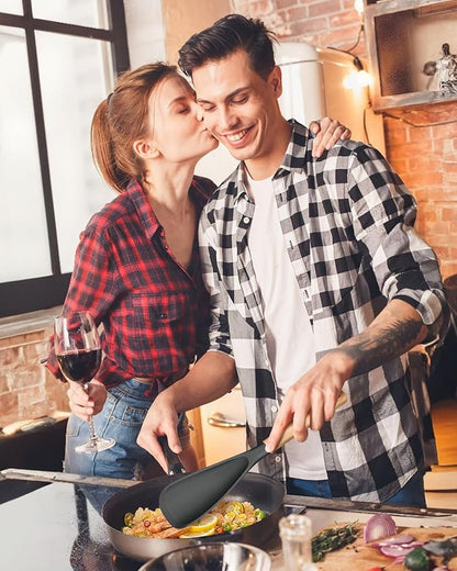 Multifunction Spatula Spoon for Nonstick Cookwares, Great for Cooking and Serving, Sturdy BPA-Free Matte Silicone, Wood Handle Spatula for Mixing, Scoop, and Scrape, Grey(2 pack,11.4" & 13.4")