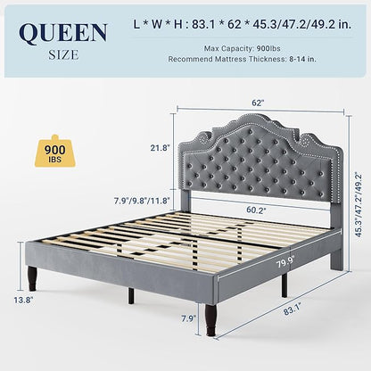 Allewie Queen Size Bed Frame with Adjustable Velvet Tiara Headboard, Upholstered Diamond Button Tufted Platform Bed, Wood Slats Support, No Box Spring Needed, Light Grey