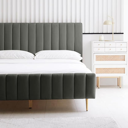 Livinia Full Size Elton Velvet Platform Bed, Upholstered Bed Frame with Vertical Channel Tufted Headboard Footboard, Strong Wood Slats, No Box Spring Needed, Gray (Full)