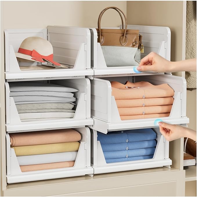 6 Pack Stackable Closet Storage Basket - Stackable Storage Bins, Multifunctional & Foldable Closet Organizer, Wardrobe Storage Space-Saving Clothes Storage Drawer Organizer, White