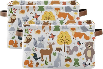 Storage Basket Bin Cute Woodland Animals Organizer Collapsible Shelf Basket Cube with Handle for Nursery Bedroom Bathroom