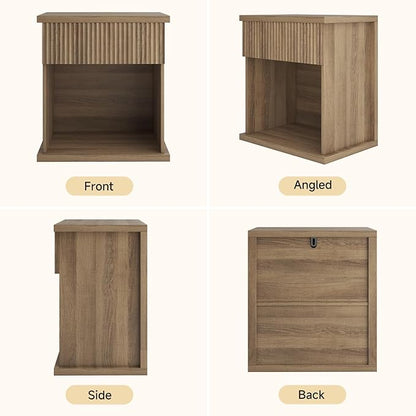 Fluted Nightstand, 22.8" Wide Nightstands with Drawer Storage Large Wood BedsideTable Night Stand for Bedroom Living Room Office, Natural Oak