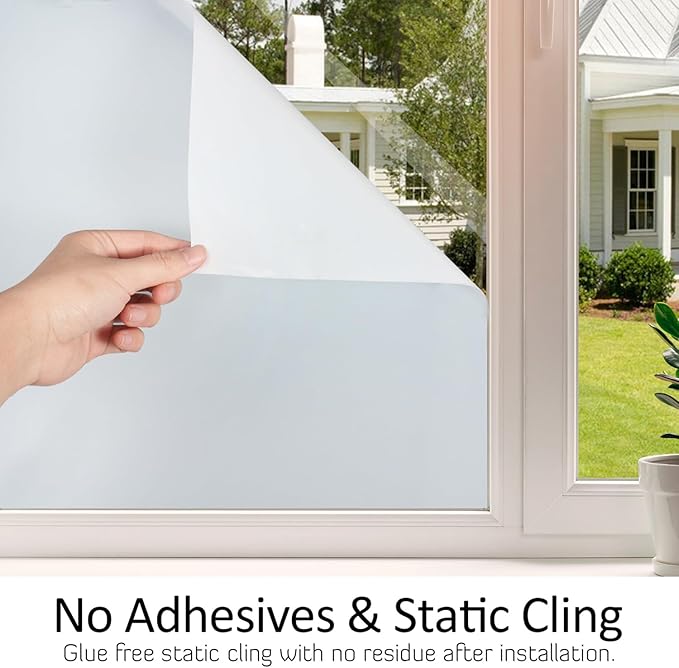 HIDBEA Frosted Window Privacy Film Heat Control UV Blocking, Static Cling Non-Adhesive Reusable Door coverings for Bathroom Home Office (White Frosted 23.6 Inch x 6.5 Feet)
